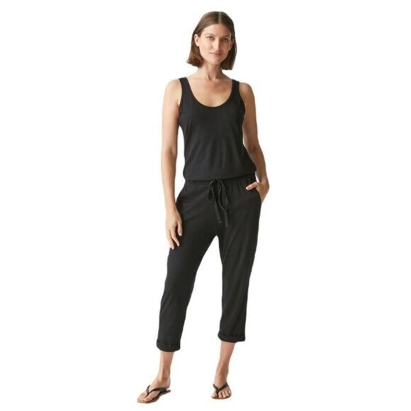 Michael Stars Black Sleeveless Scoop Neck Jumpsuit With Drawstring Waist & Pocke - Picture 1 of 6